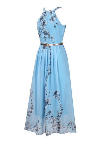 Gaun Sifon Floral Print Halter Tunik Tanpa Lengan