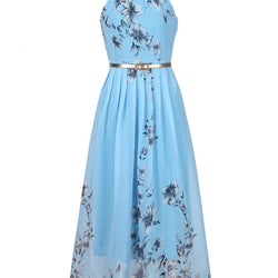 Gaun Sifon Floral Print Halter Tunik Tanpa Lengan