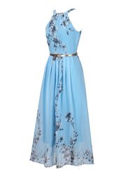 Gaun Sifon Floral Print Halter Tunik Tanpa Lengan